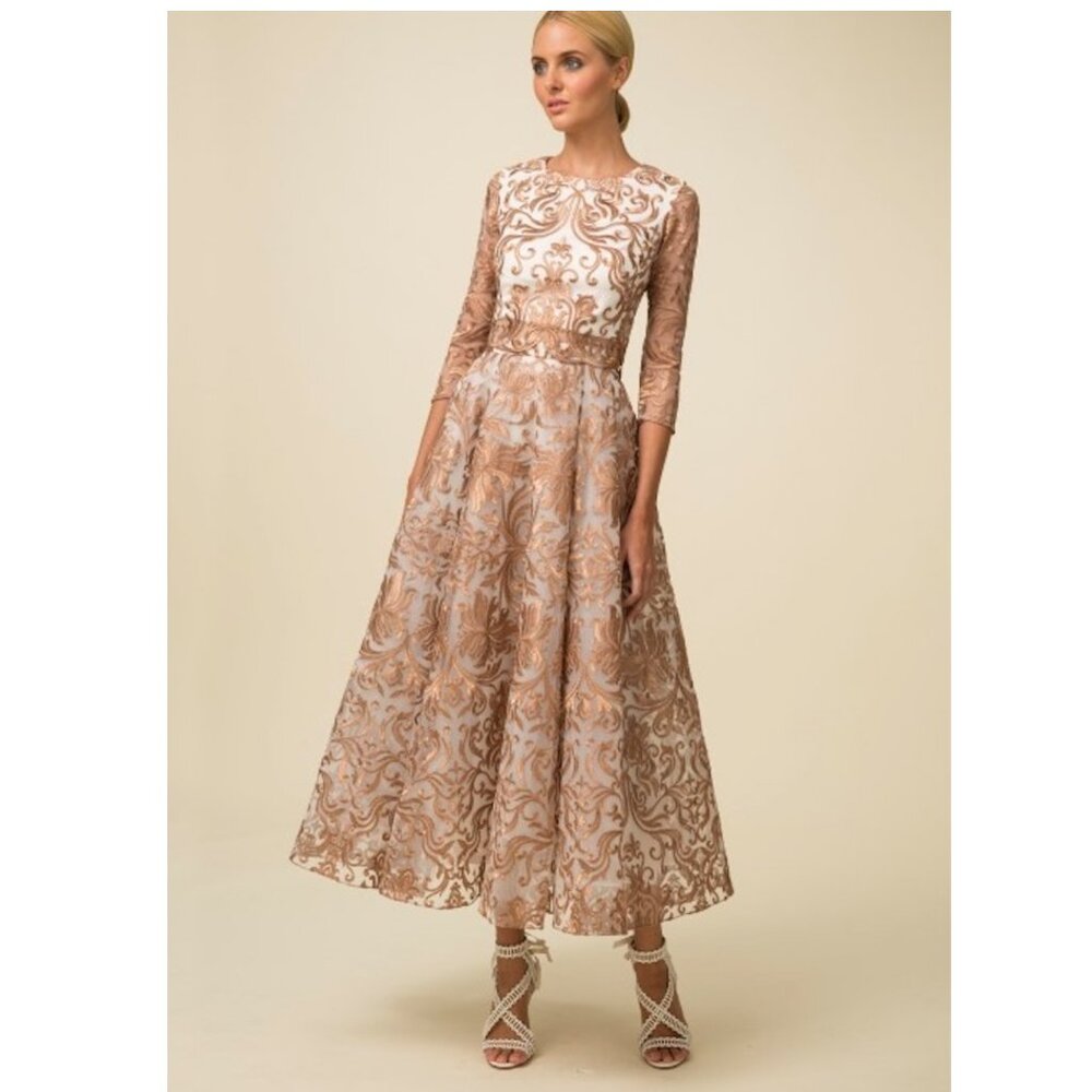Marchesa Notte Metallic Embroidered Tulle Two-Piece Midi Dress Set